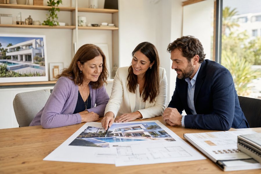 Agentes inmobiliarios revisando una propiedad con una propietaria